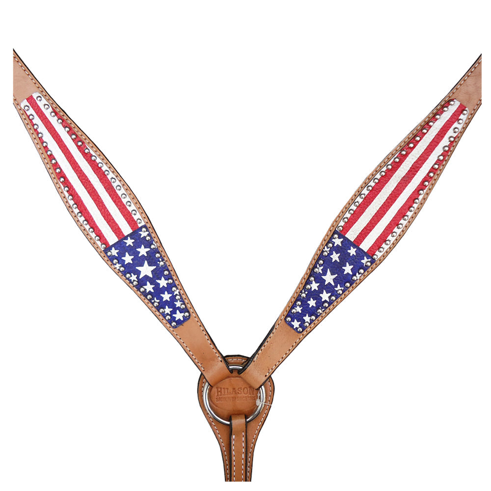 HILASON Western Horse American Leather Headstall & Breast Collar Set Tan US Flag