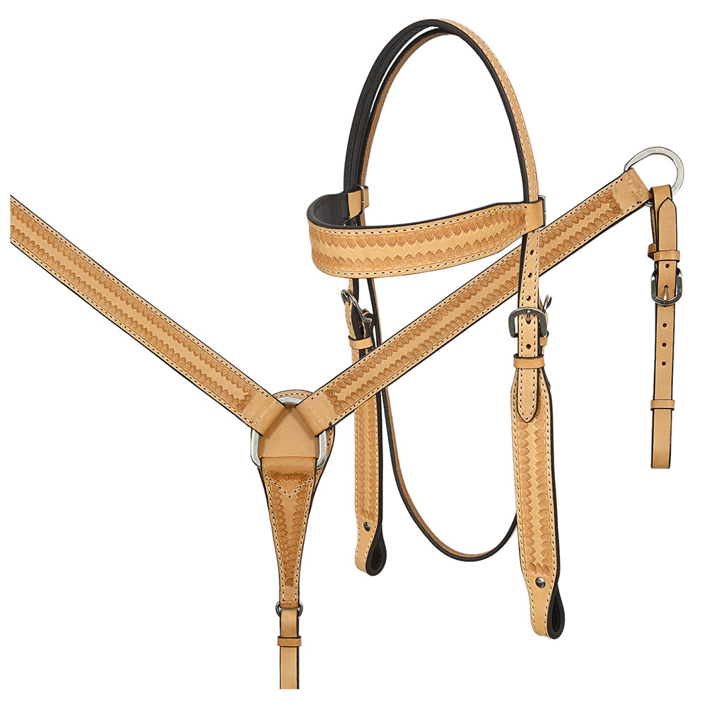 HILASON Western Horse Genuine Leather Hand Tooled Headstall Breast Collar Tan