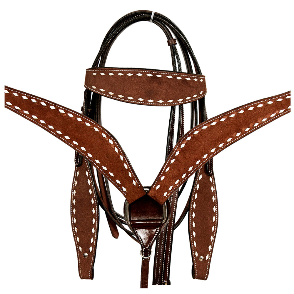 HILASON Western Horse Genuine Leather Headstall & Breast Collar With Side Buck Stitch Brown
