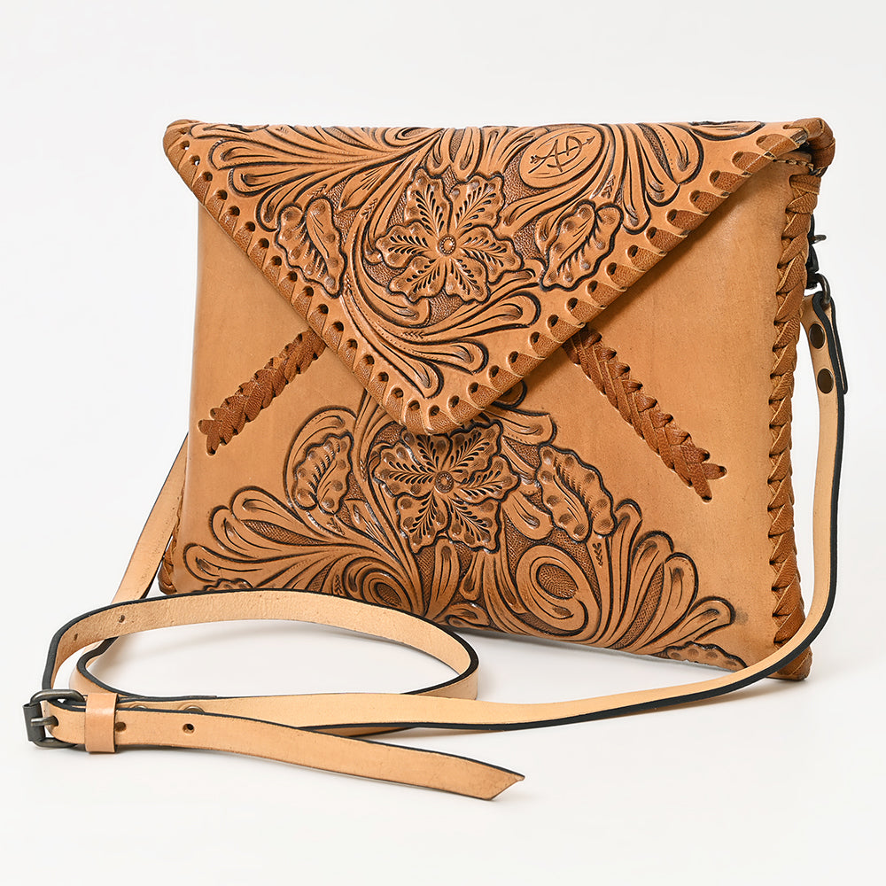 American Darling Hand-Tooled Genuine Leather Envelope Bag – Floral Carved Western Crossbody with Strap for Everyday Carry