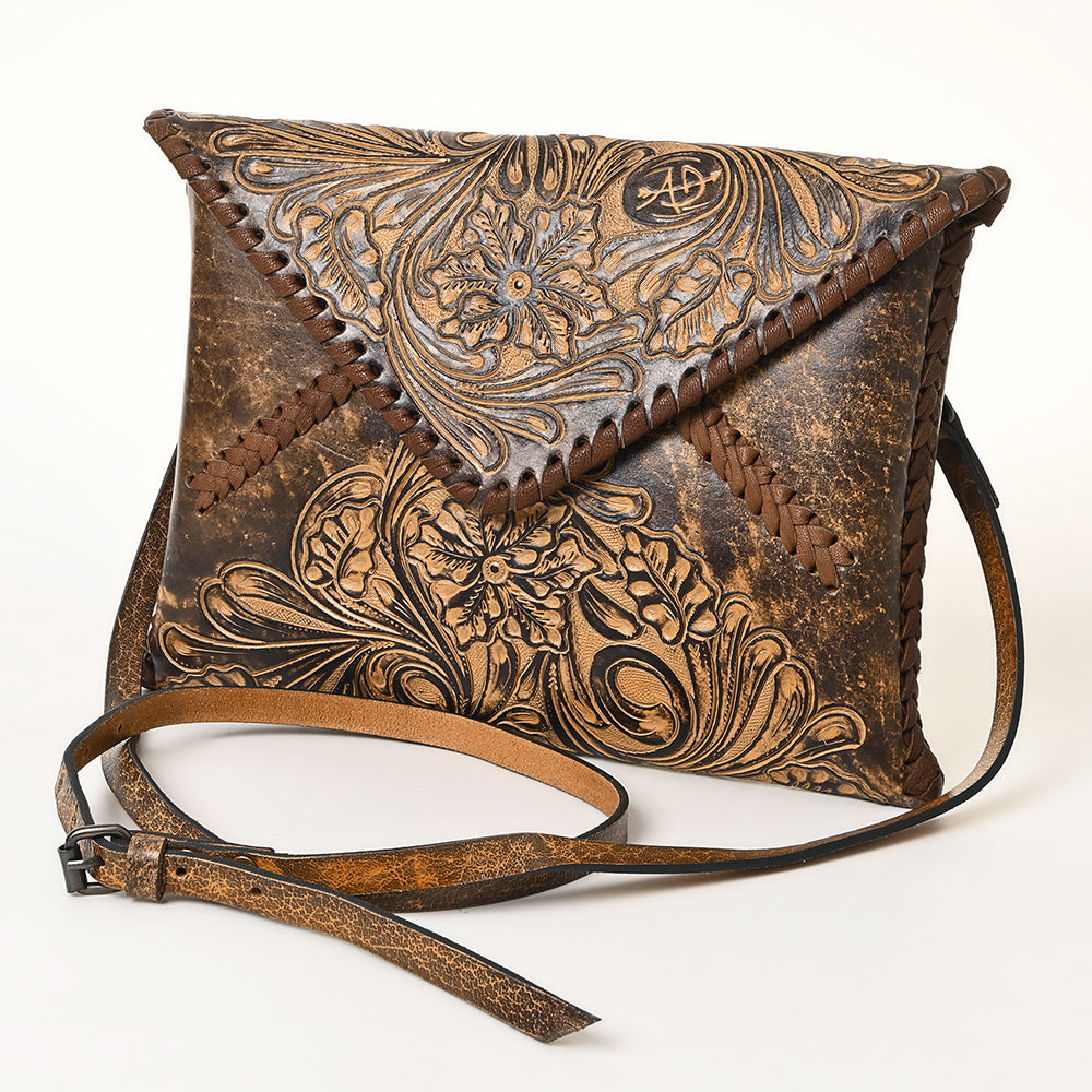 American Darling Hand-Tooled Genuine Leather Envelope Bag – Floral Carved Western Crossbody with Strap for Everyday Carry