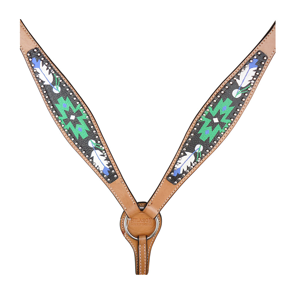 HILASON Western Horse Leather Headstall & Breast Collar Tack Set Geometry Feather