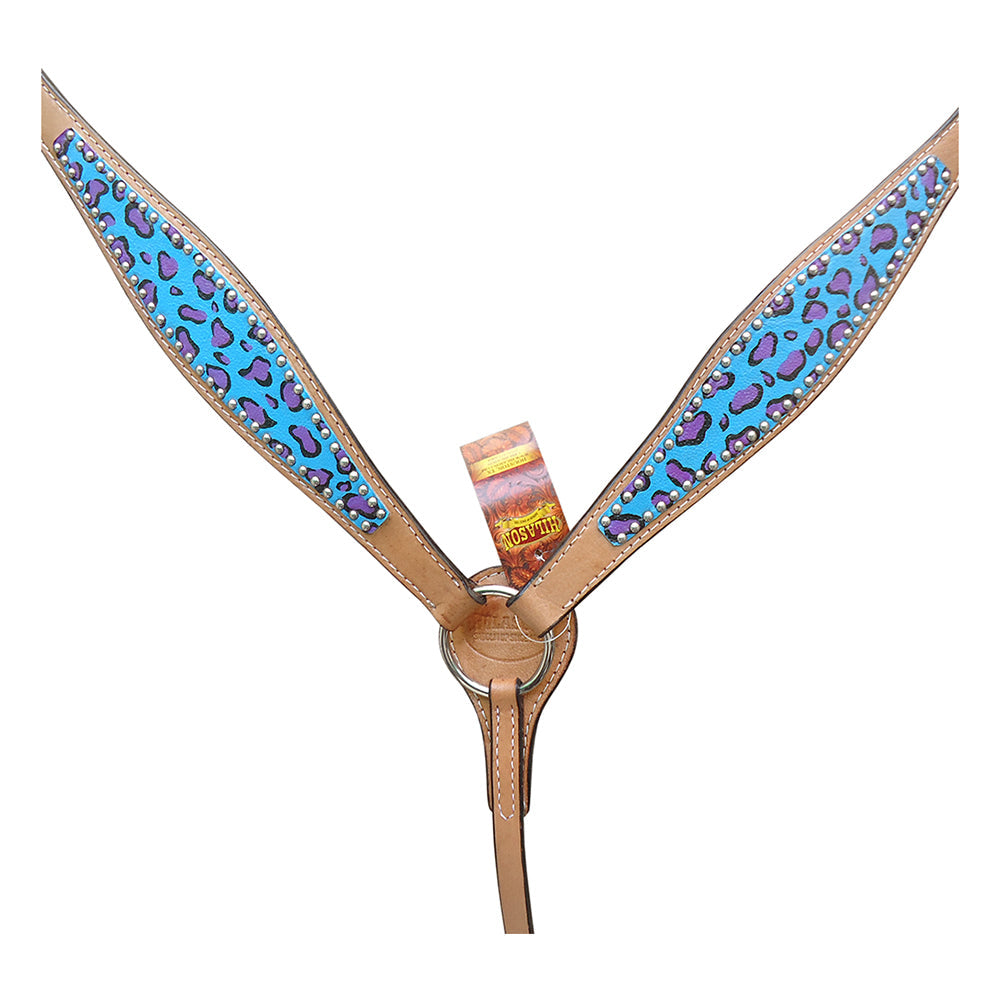 HILASON Western Horse Leather Headstall & Breast Collar Set Turquoise Cheetah