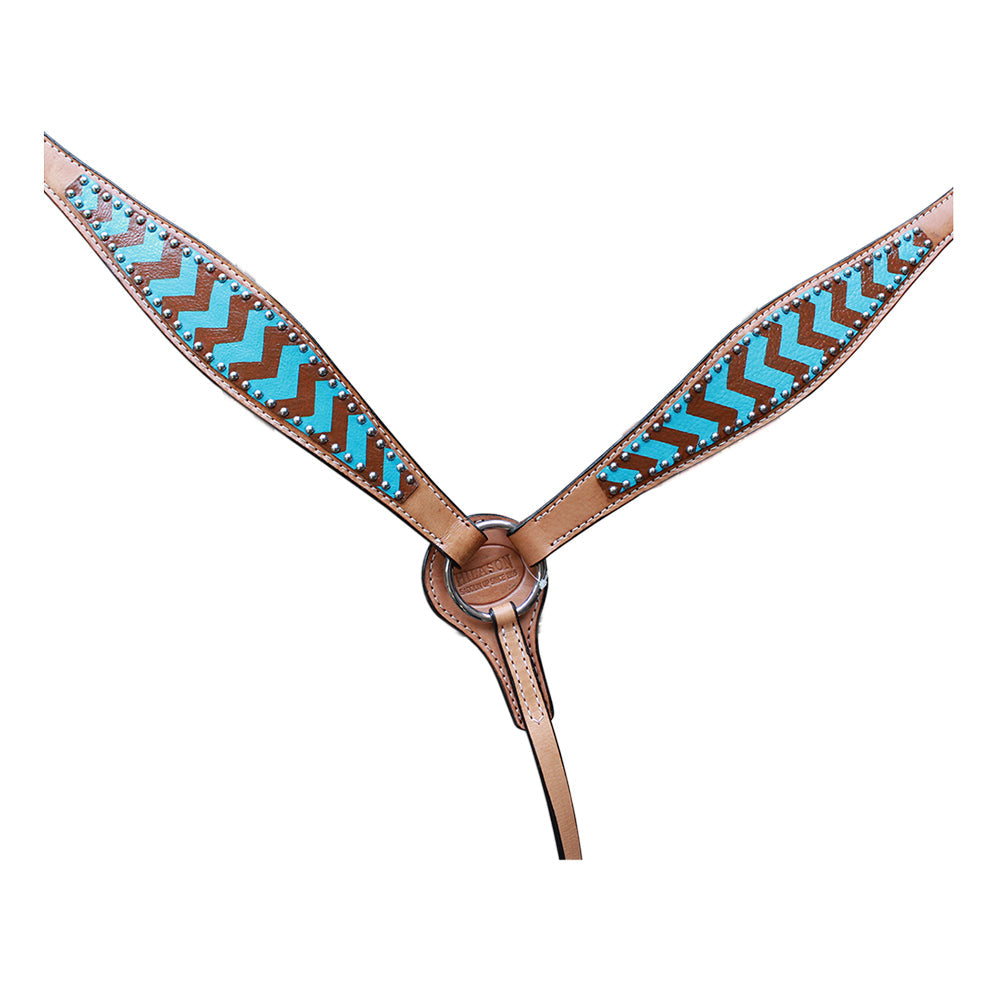 HILASON Western Horse Genuine Leather Headstall & Breast Collar Set Turquoise Brown Zigzag