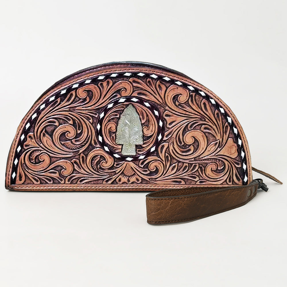 American Darling Hand-Tooled Leather Taco Handbag for Women – Genuine Full-Grain Leather Wristlet Clutch with Floral Carving and Zip Closure
