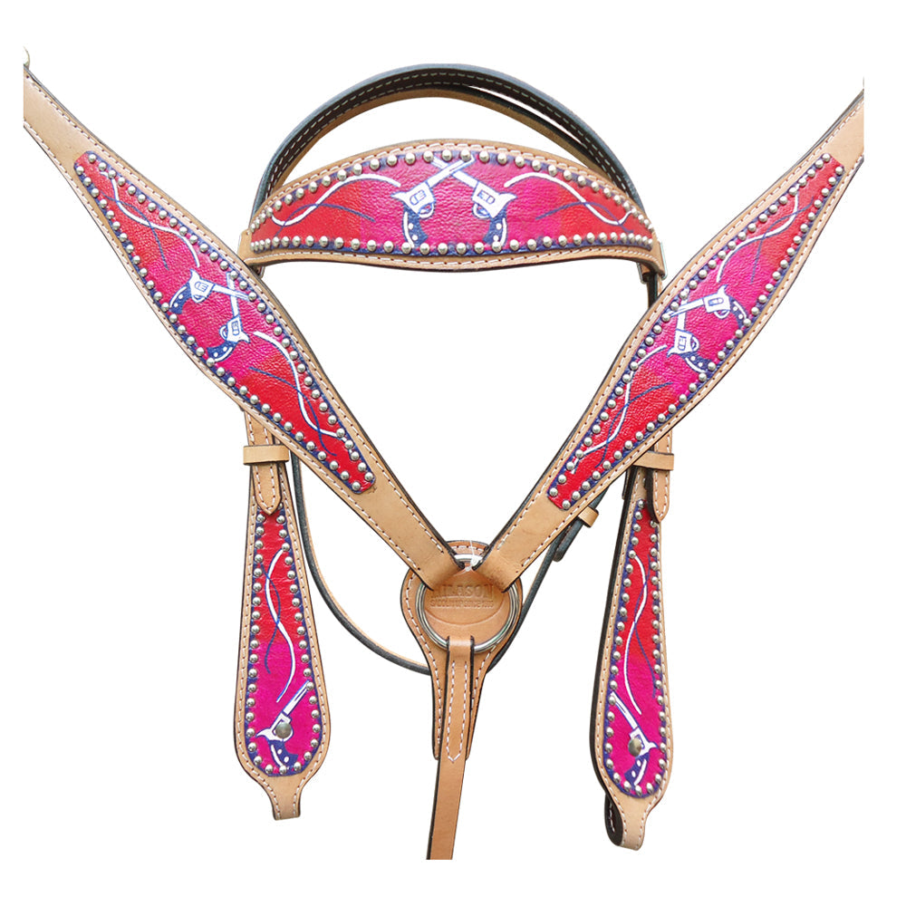HILASON Western Horse Genuine American Leather Headstall and Breast Collar Set Red Cross Gun Printed | Headstall Bridle for Horses Western | Horse Headstall Bridle | Western Headstalls Bridle for Horses
