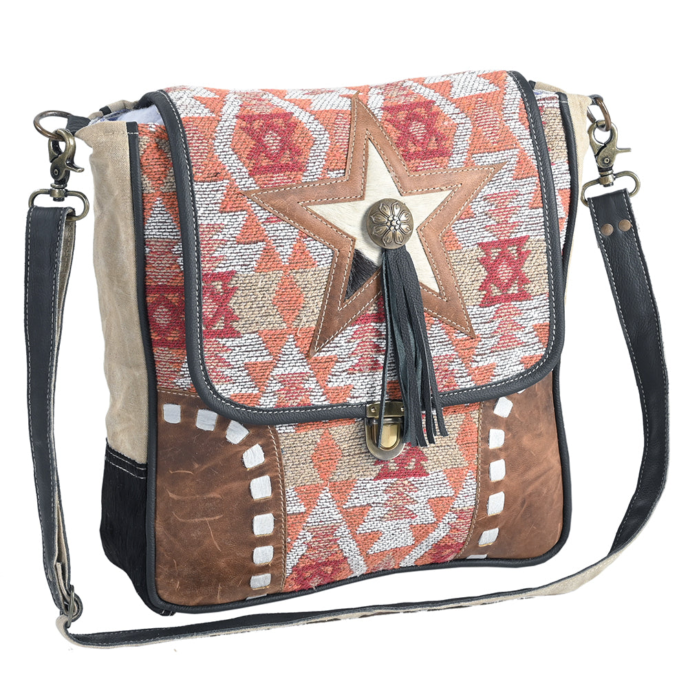 OHLAY Cross Body Upcycled Wool Canvas Hair-On Genuine Leather Women Bag Western Handbag Purse Womens Handbags Belt for Summer