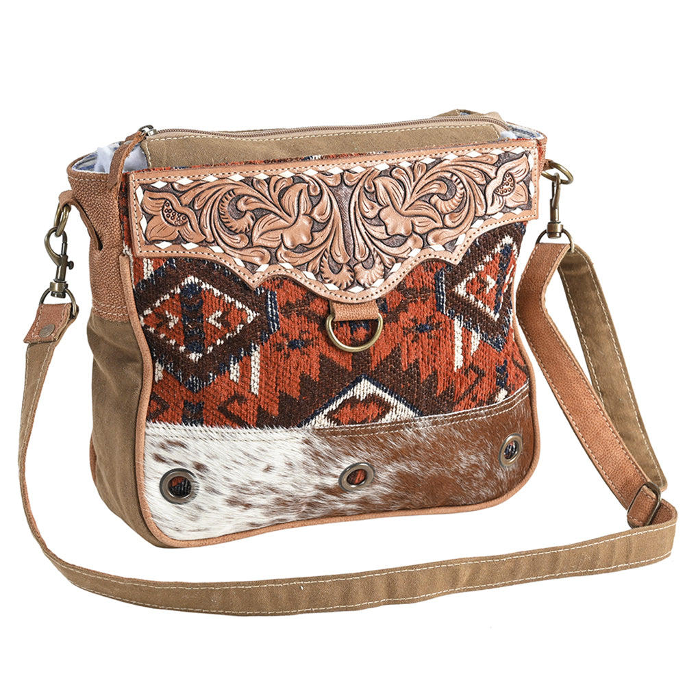 OHLAY Cross Body Hand Tooled Upcycled Wool Canvas Hair-On Genuine Leather Women Bag Western Handbag Purse | for Womens Summer