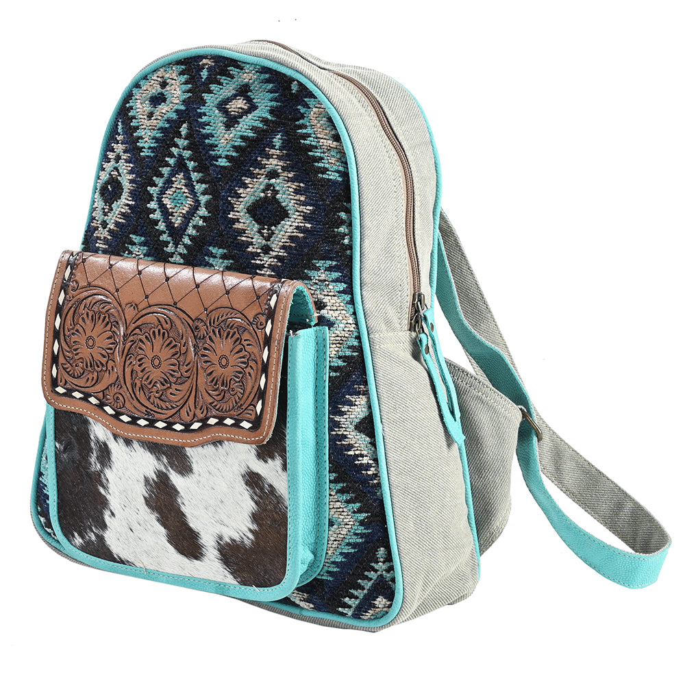 OHLAY OHV384 Backpack Hand Tooled Upcycled Wool Canvas Hair-On Genuine Leather women bag western handbag