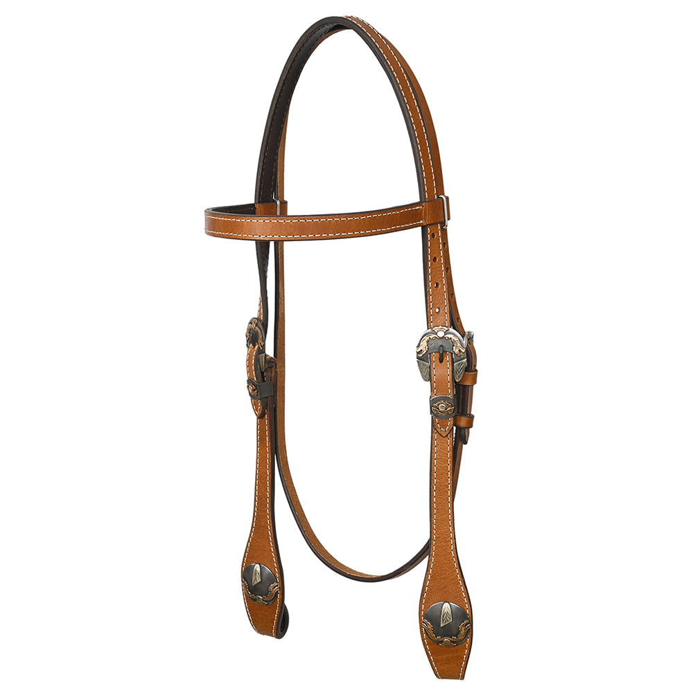 Hilason Western Horse Genuine Leather Headstall Bridle Engraved German Silver Concho Chestnut