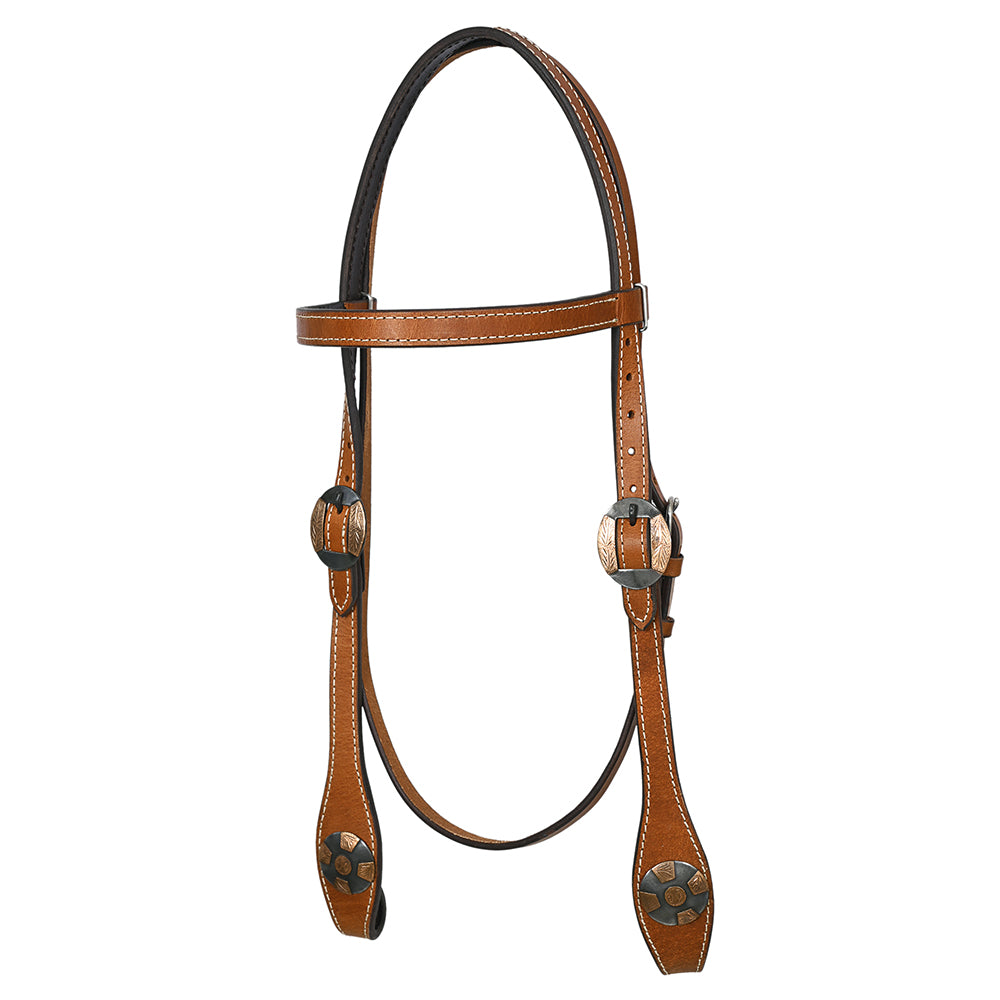 Hilason Western Horse Genuine Leather Headstall Bridle Engraved German Silver Concho Chestnut
