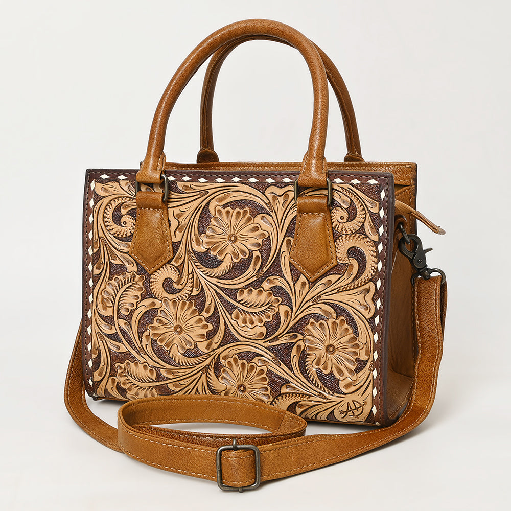 American Darling Western Mini Tote Handcrafted from Hand Tooled Genuine Leather | Floral Carved & Well Compartmentalized Handbag