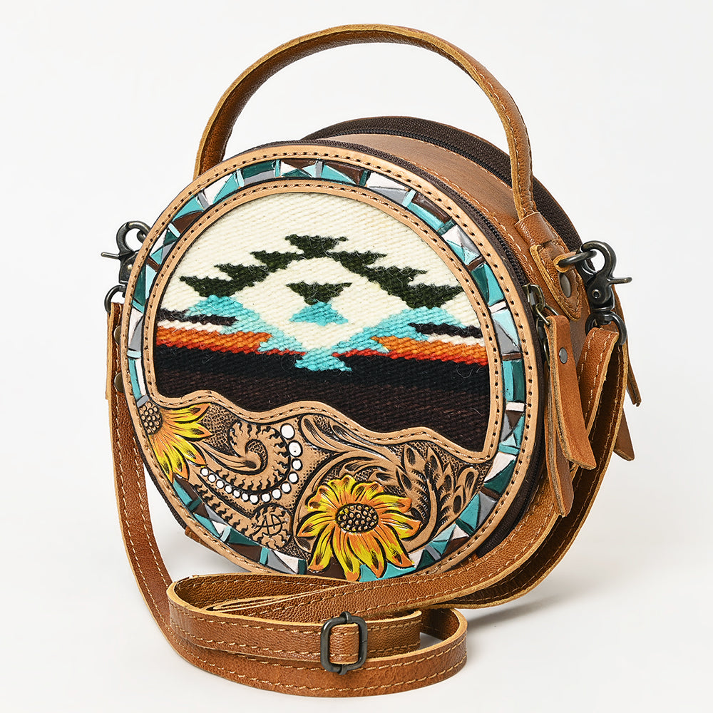 American Darling Western Round Canteen Bag Handcrafted from Saddle Blanket & Tooled Genuine Leather | Dual Compartment Crossbody