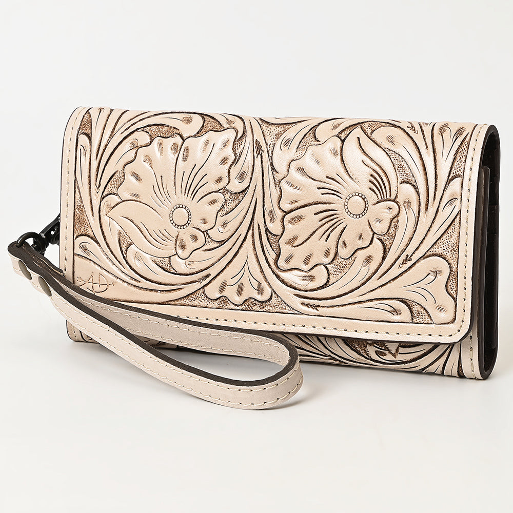 American Darling Western Leather Clutch Wallet Hand Tooled Floral Carved with Wristlet Strap