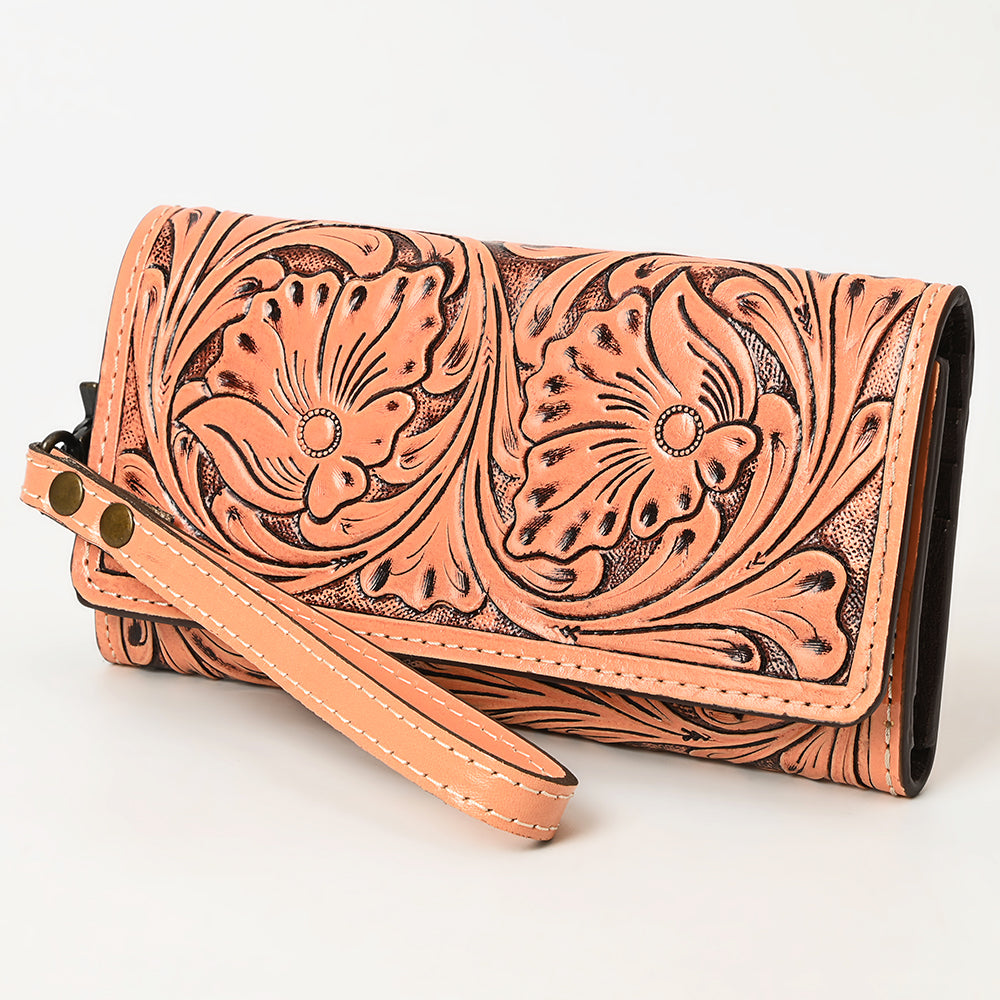 American Darling Western Leather Clutch Wallet Hand Tooled Floral Carved with Wristlet Strap
