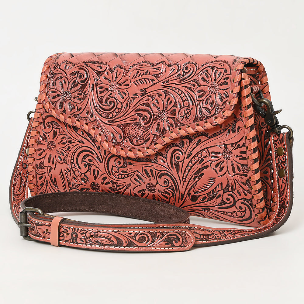 American Darling Western Leather Clutch Bag Hand Tooled Floral Carved Crossbody Purse with Whipstitch Detail