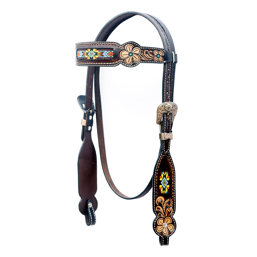 BAR H EQUINE Western Horse Floral Hand Painted Genuine Leather Beaded Inlay Headstall Dark Brown