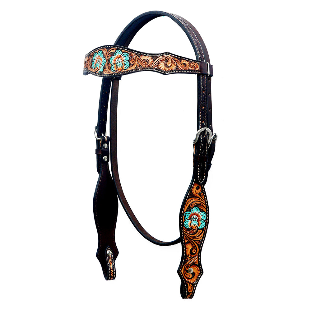 BAR H EQUINE Western Horse Floral Hand Painted Genuine Leather Buckstich Headstall Brown