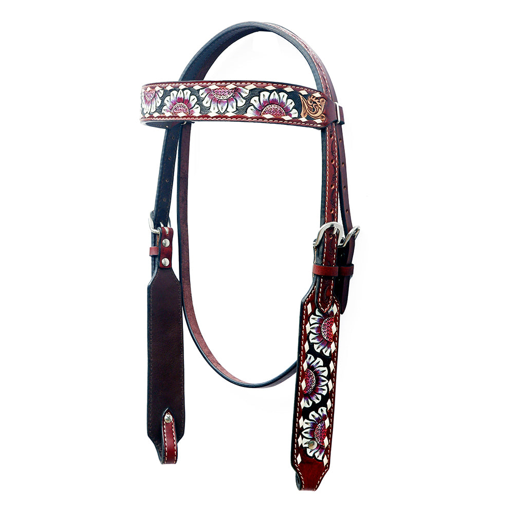 BAR H EQUINE Western Horse Floral Hand Painted Genuine Leather Headstall Dark Brown