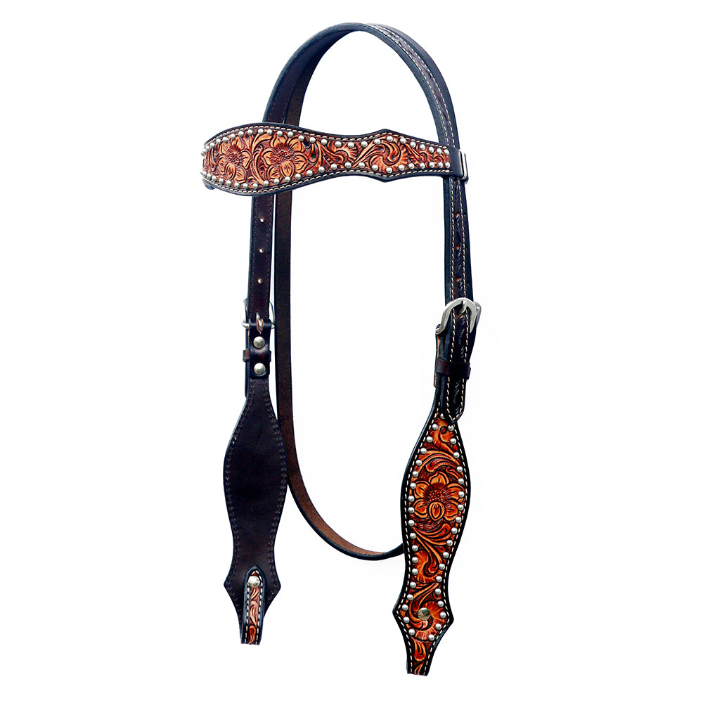BAR H EQUINE Western Horse Floral Hand Painted Genuine Leather Headstall Dark Brown