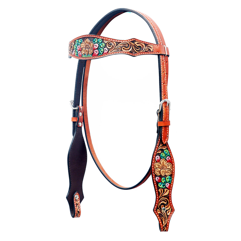 BAR H EQUINE Western Horse Floral Hand Painted Genuine Leather Headstall Tan