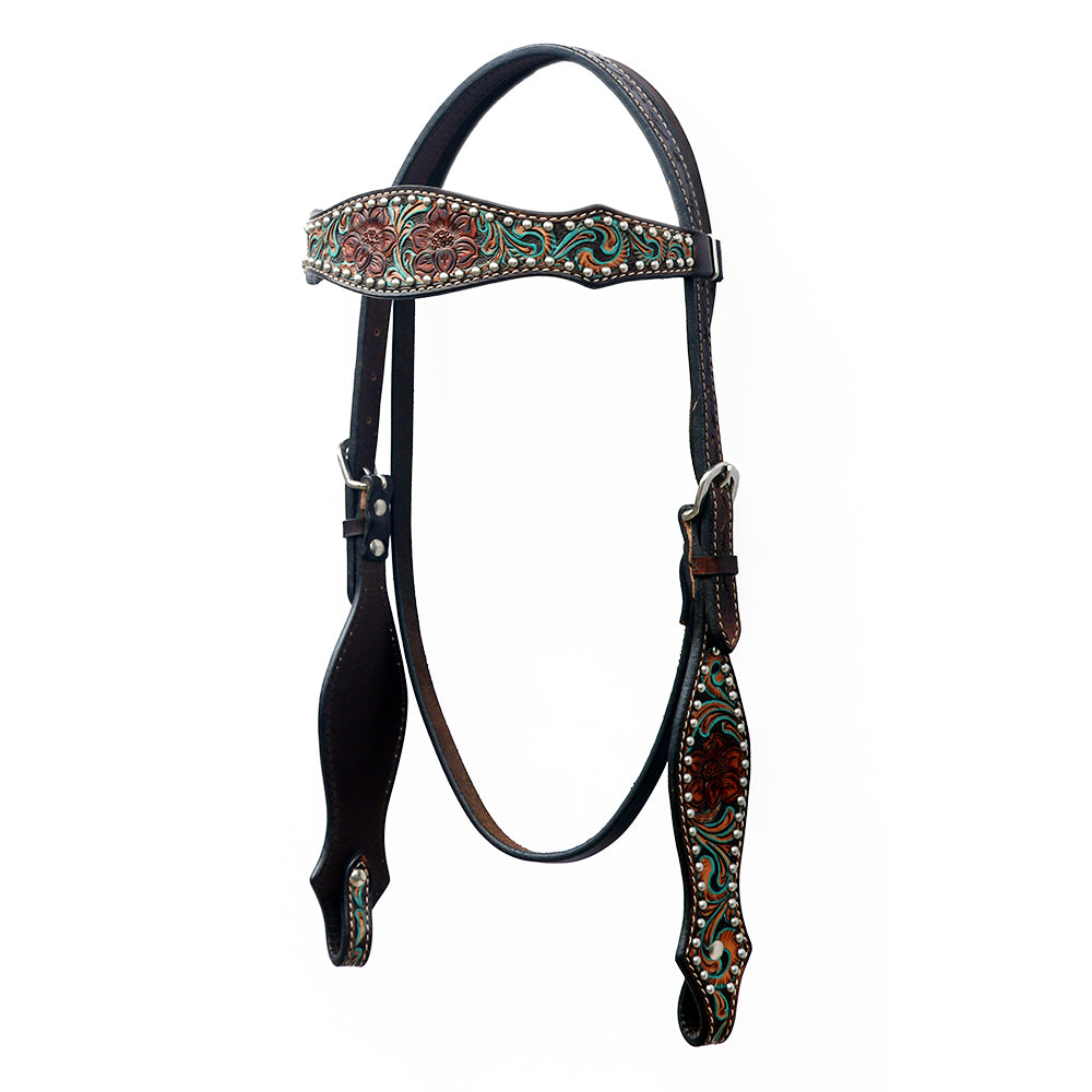 BAR H EQUINE Western Horse Floral Hand Painted Genuine Leather Rivet Headstall Dark Brown