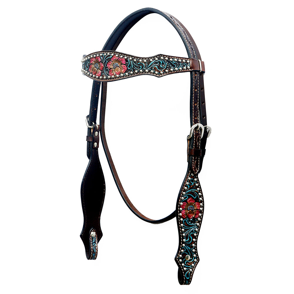 BAR H EQUINE Western Horse Floral Hand Painted Genuine Leather Rivet Headstall Dark Brown