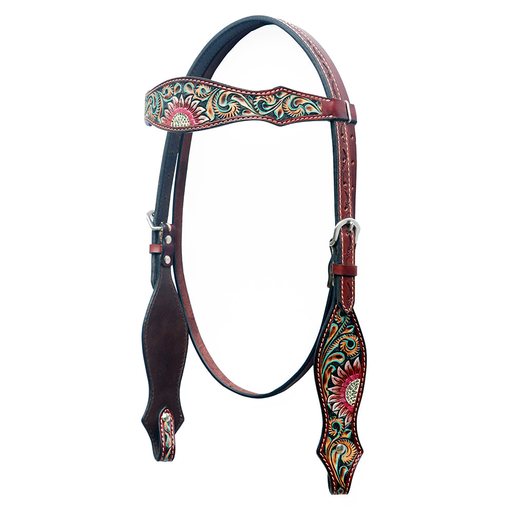 BAR H EQUINE Western Horse Floral Hand Painted Genuine Leather Headstall Dark Brown