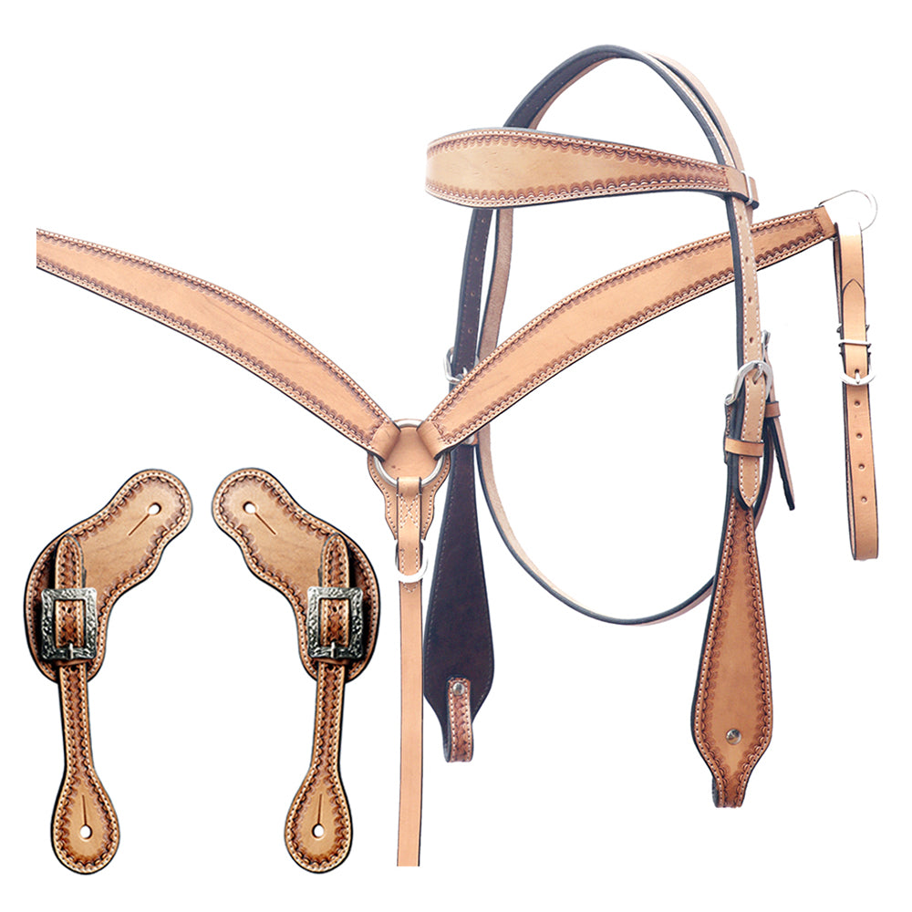 Bar H Equine Leather Horse Headstall Breast Collar & One Ear Tan