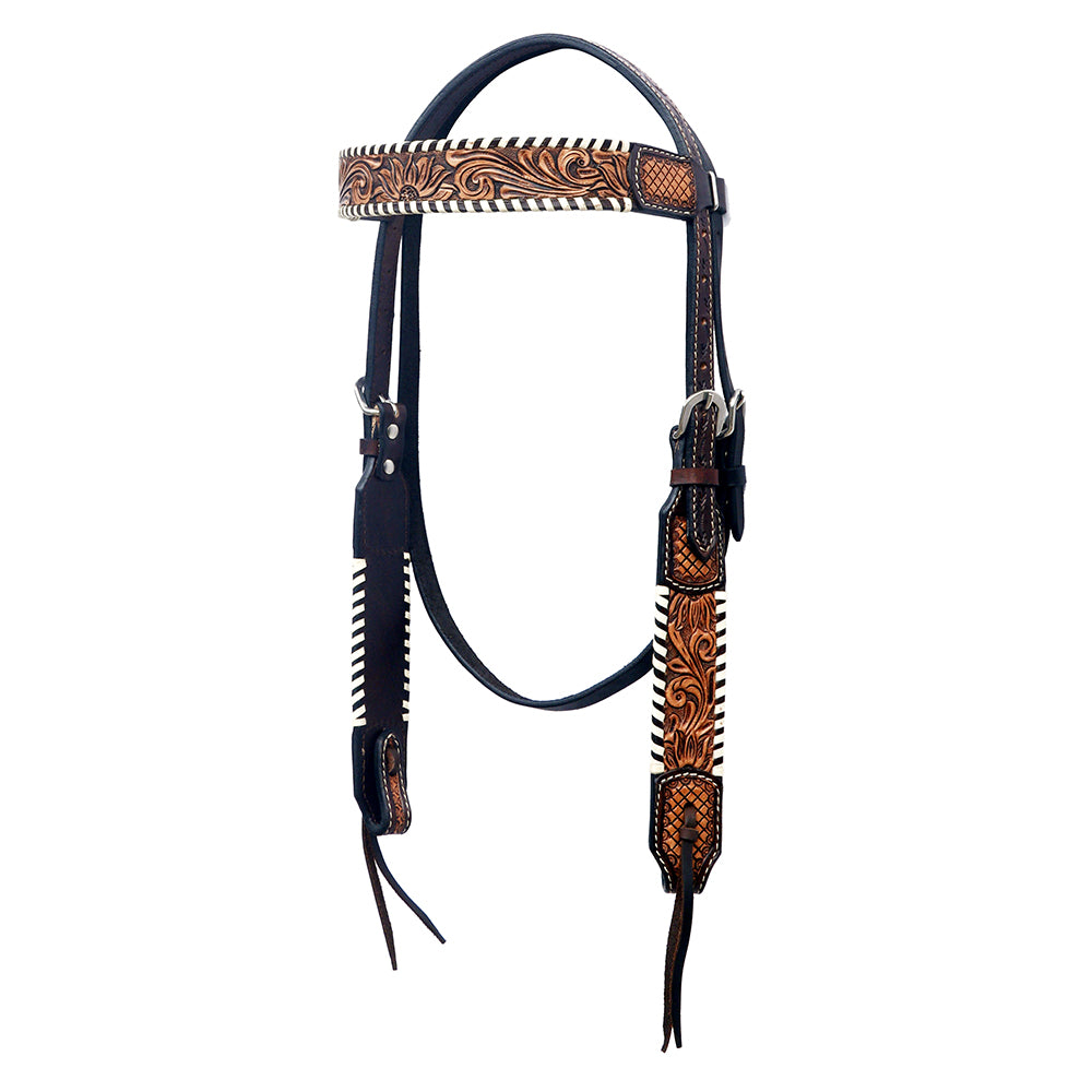 BAR H EQUINE Western Horse Floral Hand Painted Genuine Leather Headstall Dark Tan