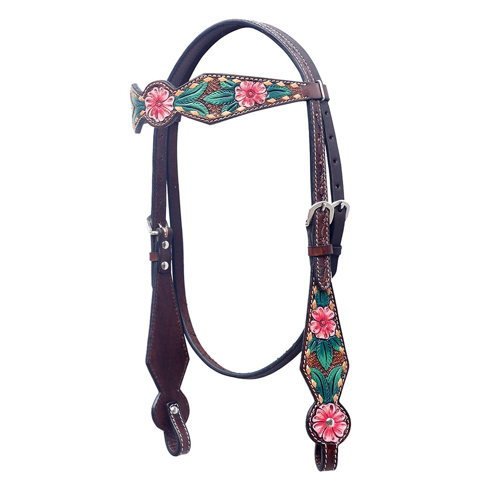 BAR H EQUINE Western Horse Floral Hand Painted Genuine Leather Headstall Dark Brown