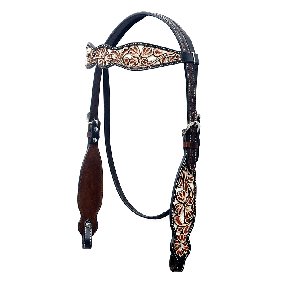 BAR H EQUINE Western Horse Floral Hand Painted Genuine Leather Headstall Dark Brown