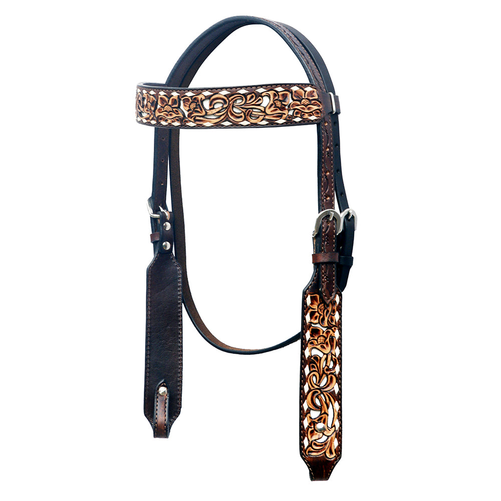 BAR H EQUINE Western Horse Floral Hand Painted Genuine Leather Buckstich Headstall Brown