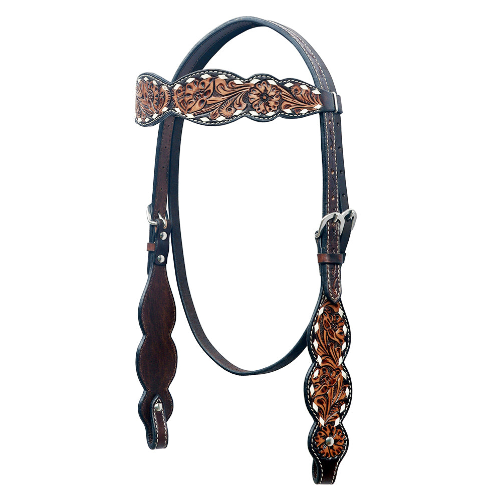 BAR H EQUINE Western Horse Floral Hand Painted Genuine Leather Buckstich Headstall Brown