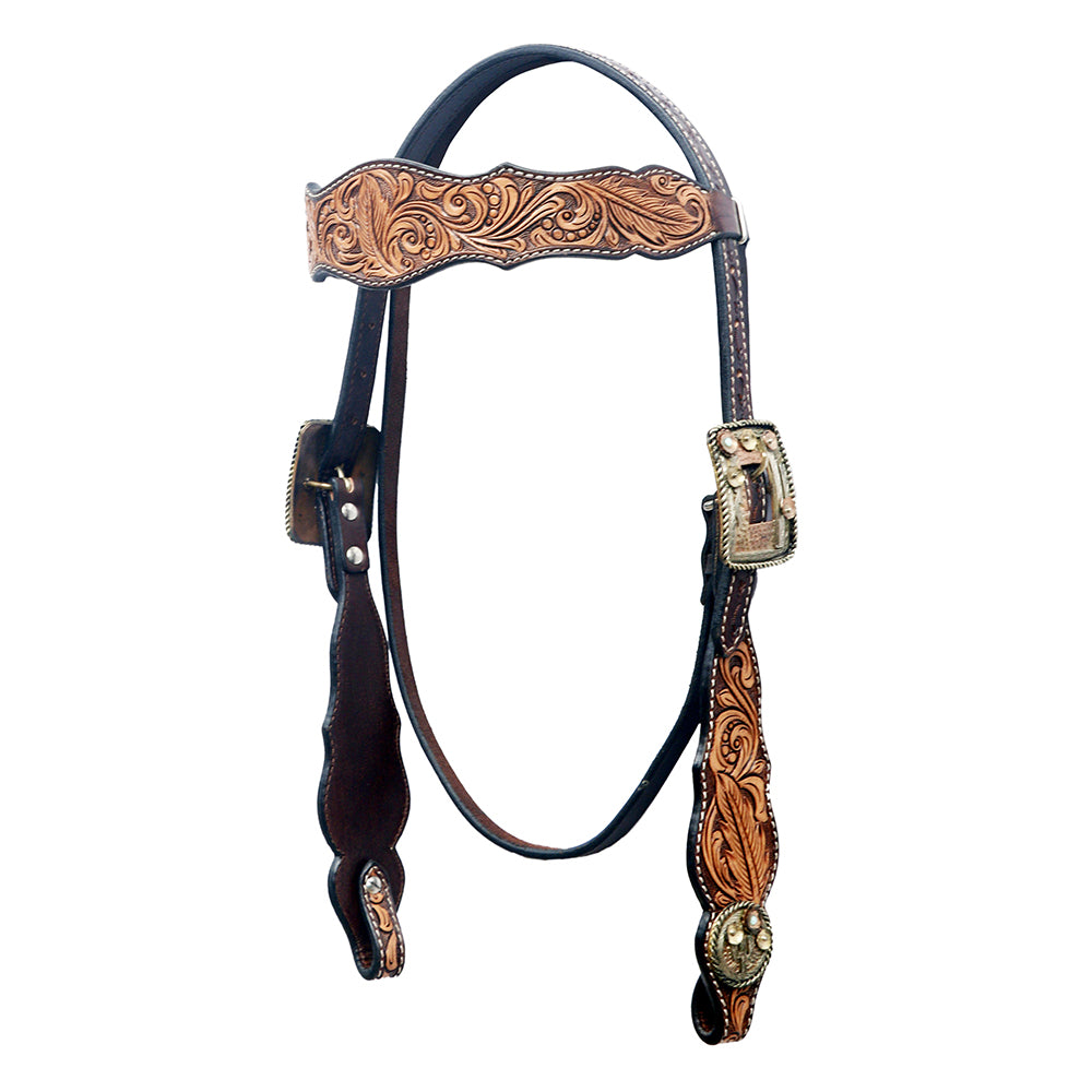 BAR H EQUINE Western Horse Floral Hand Painted Genuine Leather Headstall Tan