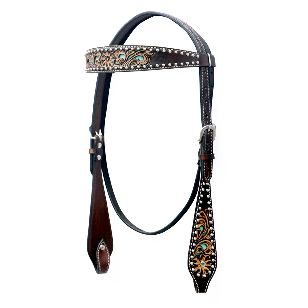 BAR H EQUINE Western Horse Floral Hand Painted Genuine Leather Rivet Headstall Dark Brown