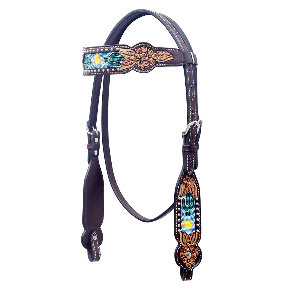 BAR H EQUINE Western Horse Floral Hand Painted Genuine Leather Beaded Inlay Headstall Dark Brown