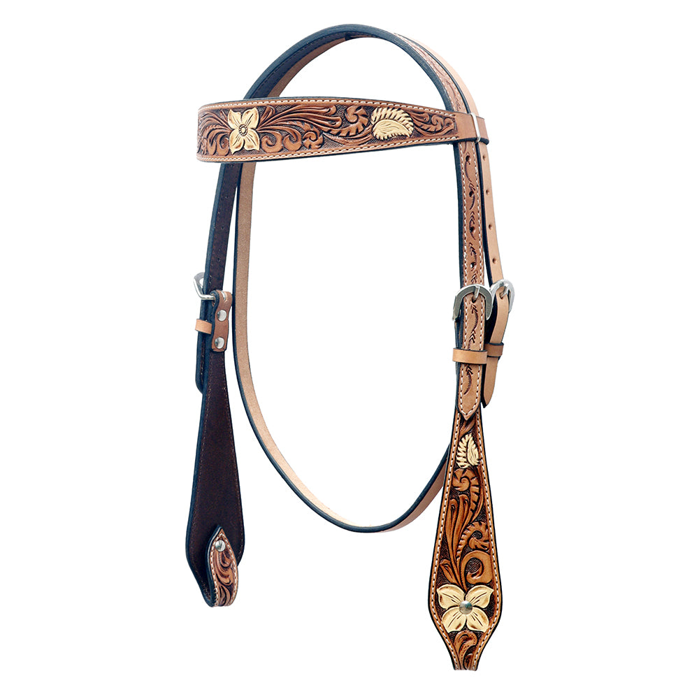 BAR H EQUINE Western Horse Floral Hand Painted Genuine Leather Headstall Tan