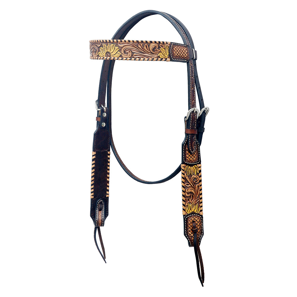 BAR H EQUINE Western Horse Floral Hand Painted Genuine Leather Headstall Tan