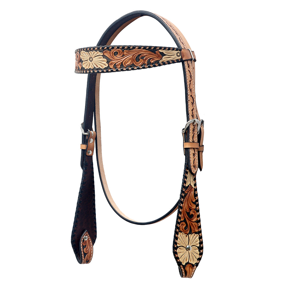 BAR H EQUINE Western Horse Floral Hand Painted Genuine Leather Headstall Tan