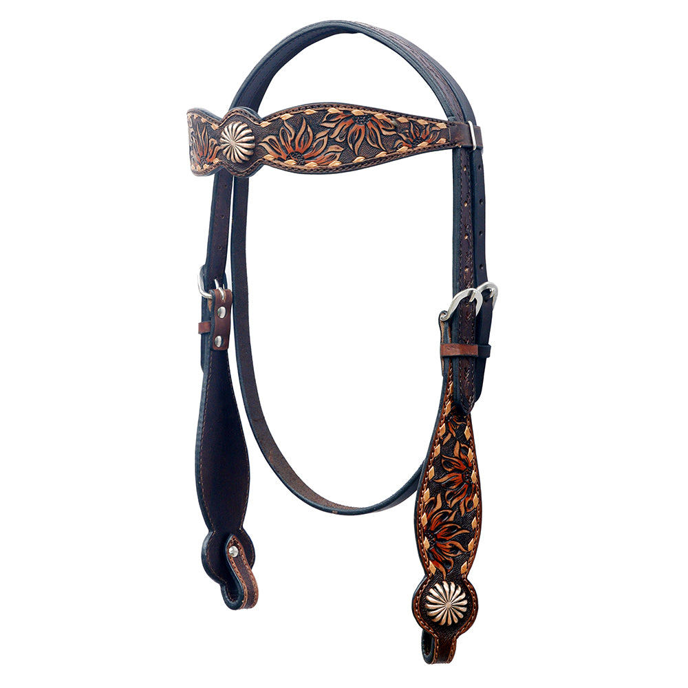 BAR H EQUINE Western Horse Floral Hand Painted Genuine Leather Headstall Dark Brown