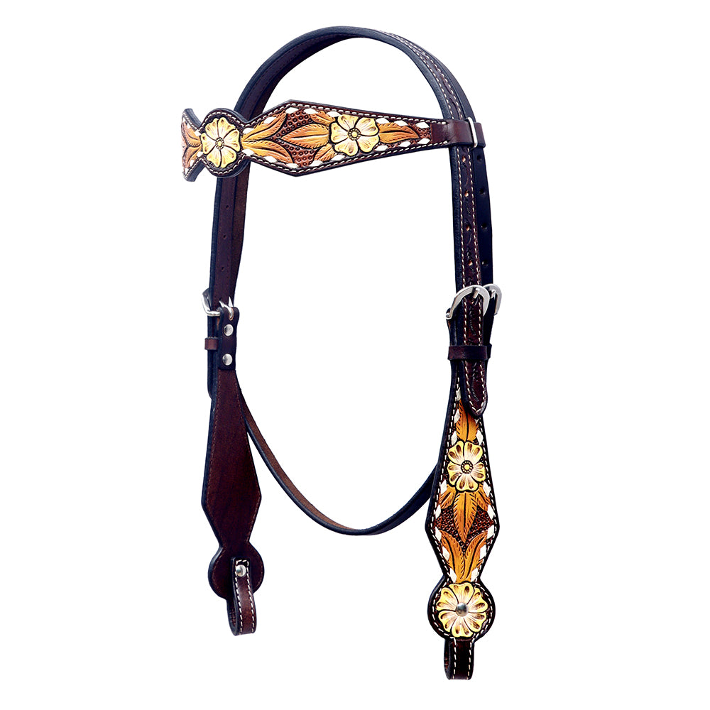 BAR H EQUINE Western Horse Floral Hand Painted Genuine Leather Headstall Dark Brown