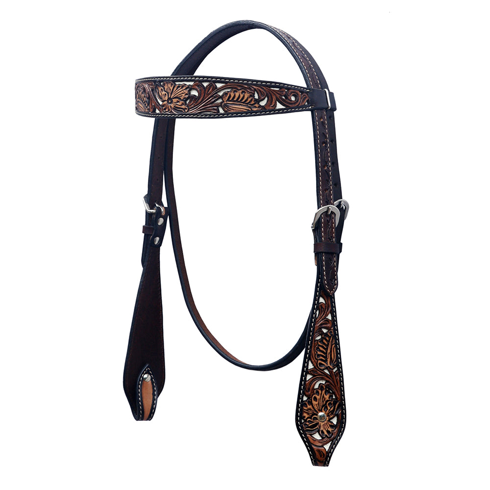 BAR H EQUINE Western Horse Floral Hand Painted Genuine Leather Headstall Dark Brown