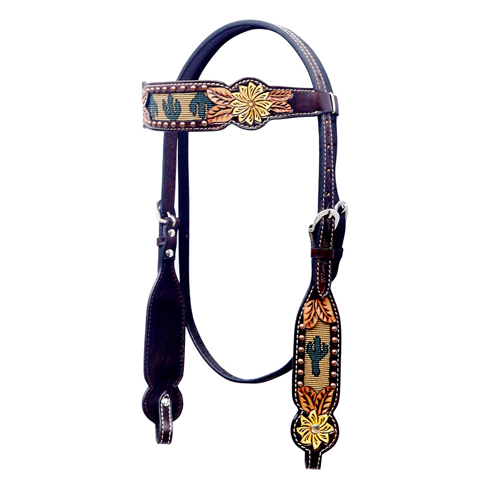 BAR H EQUINE Western Horse Floral Hand Painted Genuine Leather Beaded Inlay Headstall Dark Brown