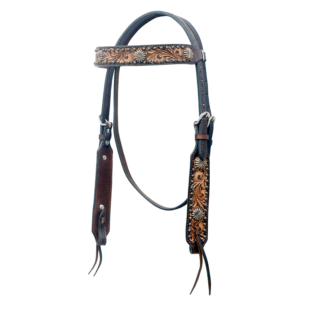 BAR H EQUINE Western Horse Floral Hand Painted Genuine Leather Headstall Dark Brown