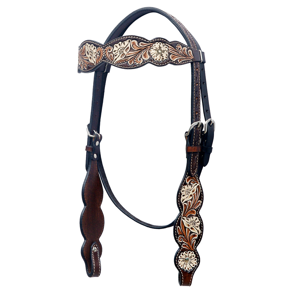 BAR H EQUINE Western Horse Floral Hand Painted Genuine Leather Headstall Dark Brown