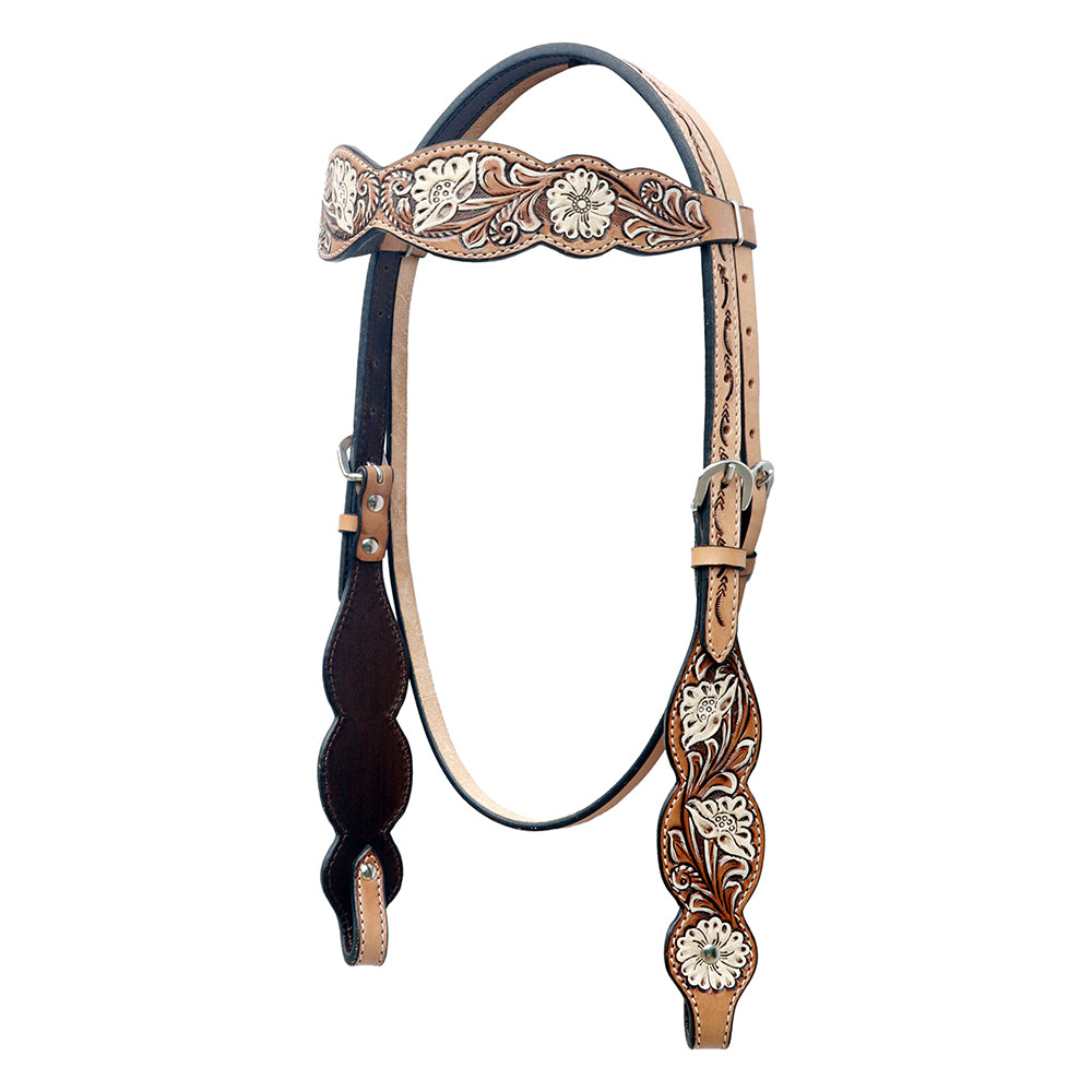 BAR H EQUINE Western Horse Floral Hand Painted Genuine Leather Headstall Tan