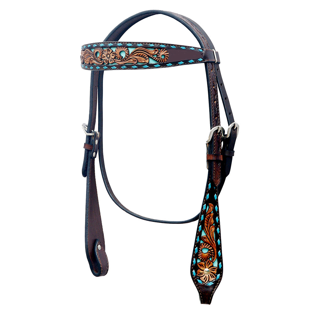 BAR H EQUINE Western Horse Floral Hand Painted Genuine Leather Headstall Dark Brown