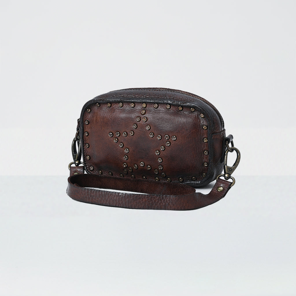 Spaghetti Western Swc166Brn Small Crossbody Vintage Handmade Drum Dyed Genuine European Cowhide Leather Women Bag Western Handbag Purse