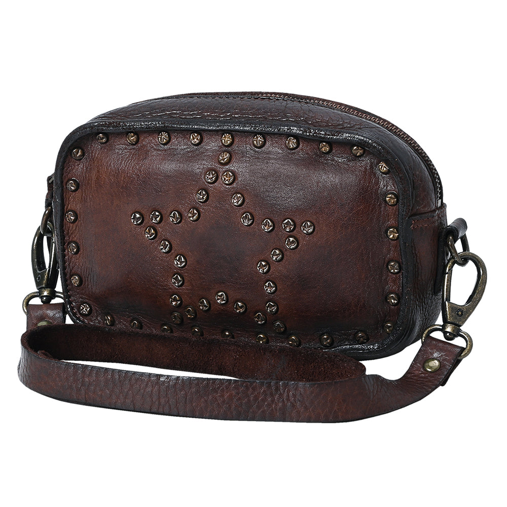 Spaghetti Western Swc166Brn Small Crossbody Vintage Handmade Drum Dyed Genuine European Cowhide Leather Women Bag Western Handbag Purse